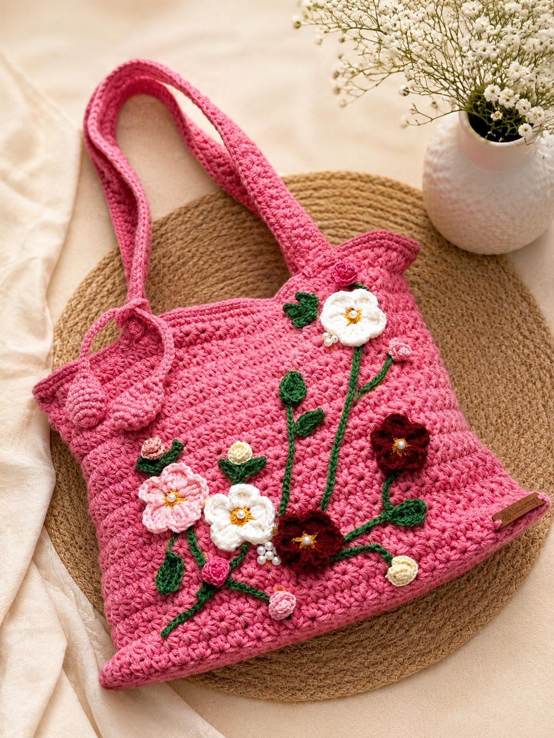Blush Blossom Crochet Tote