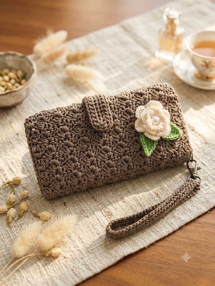 A brown crocheted clutch wallet with a wrist strap, decorated with a white crochet flower and green leaves, displayed on a textured beige cloth on a wooden table.