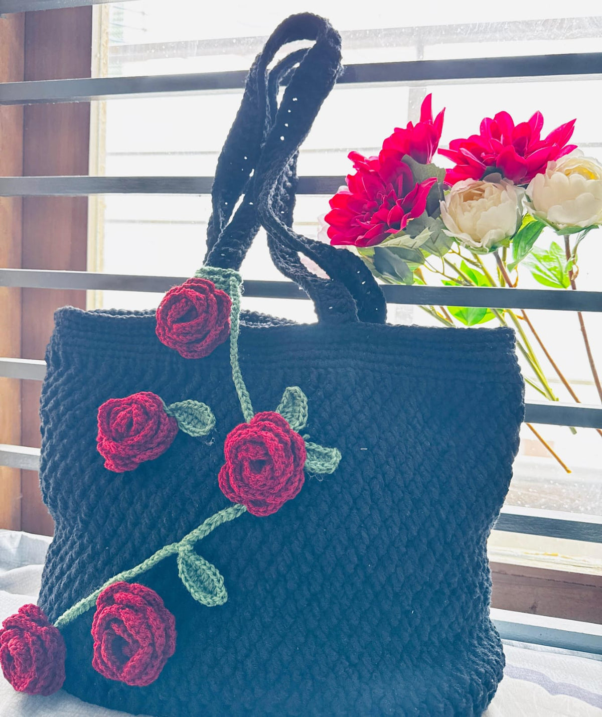 Midnight Rose Garden Crochet Tote